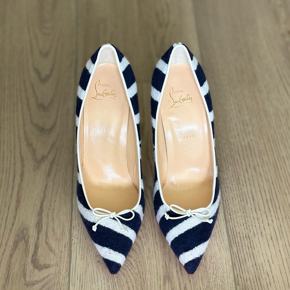 Christian Louboutin Striped Terry Cloth Pumps Heels
Red Sole Size 39.5 EU / 9 US